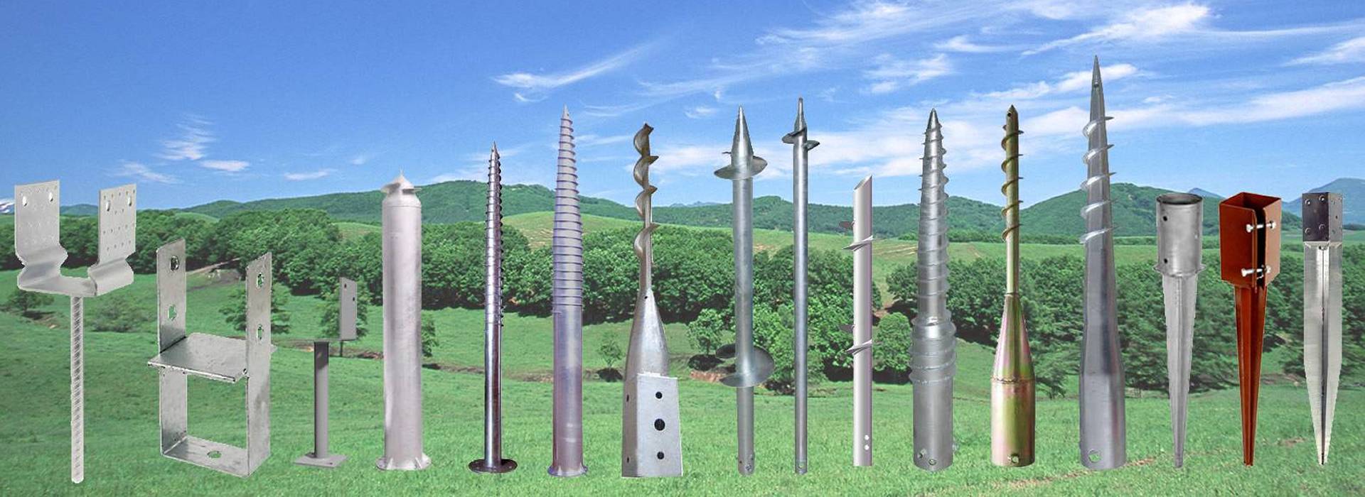 sixteen post anchors including three post spikes, ten ground screws and three post supports.