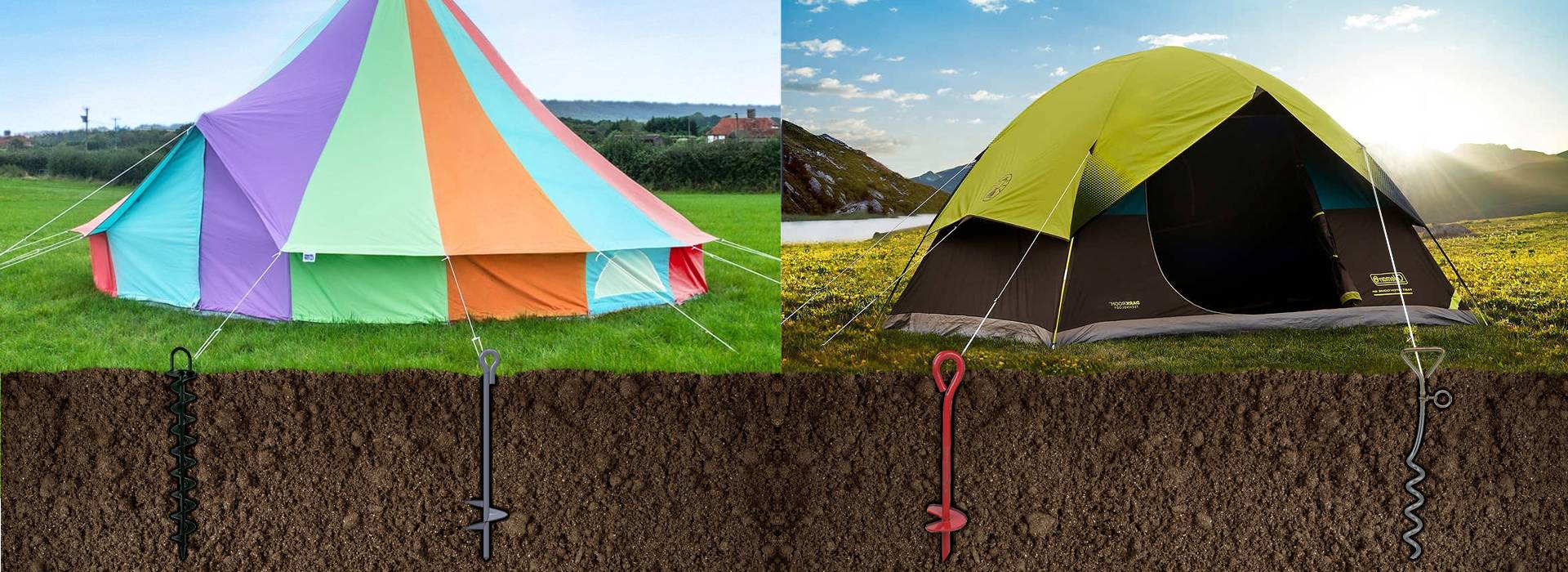 A colorful and a green tent are fixed on the grassland with different types of ground anchors.