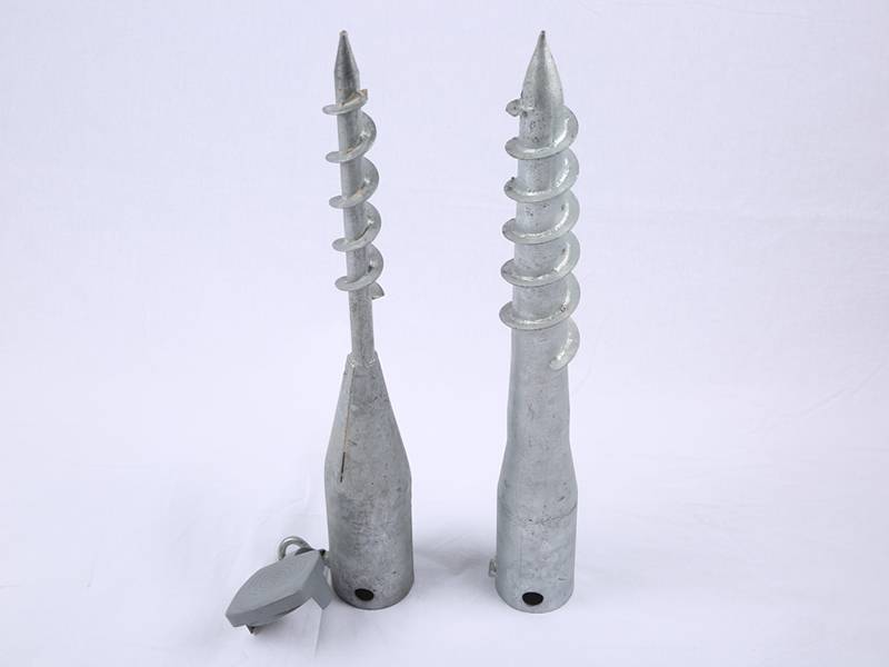 Two different specifications of galvanized ground screws standing on gray background.