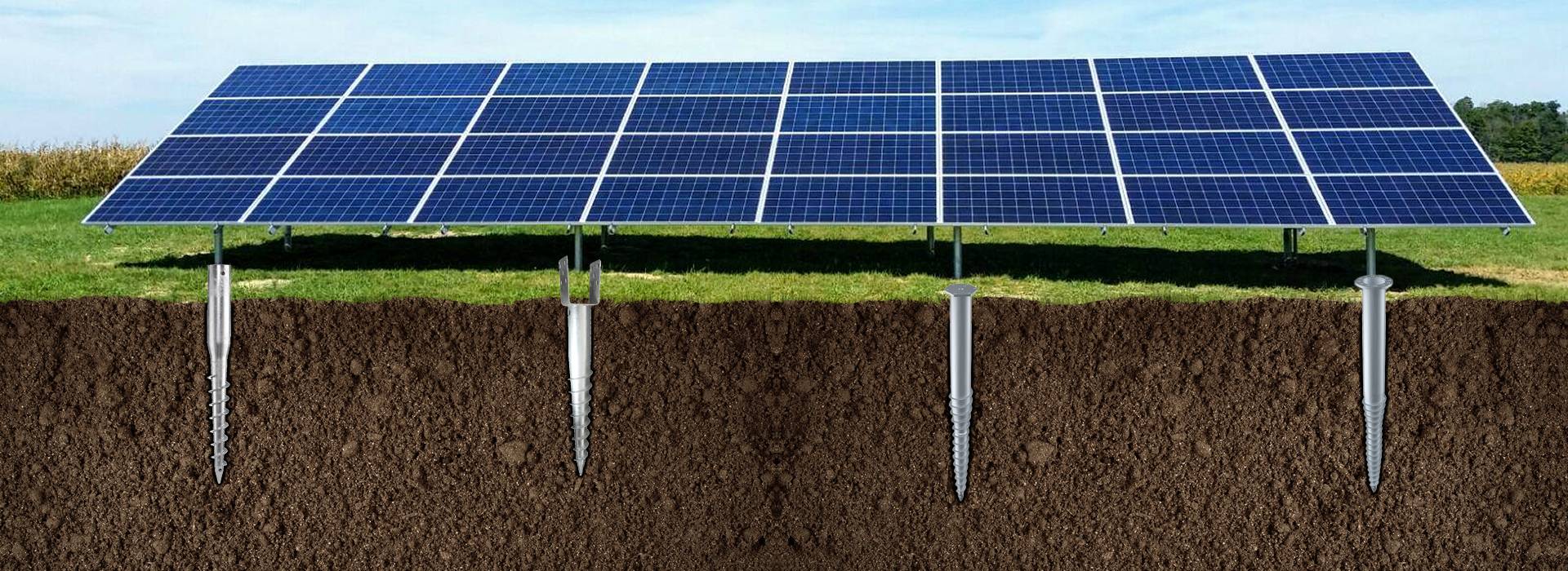 A piece of solar panels fixed on the grassland with different types of post screws.