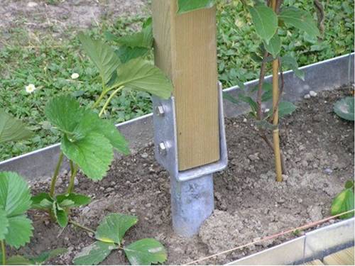 A galvanized post support is holding the wooden post in the garden.