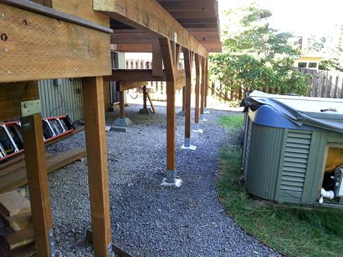 Several posts of timber buildings are supporting with the galvanized post support.